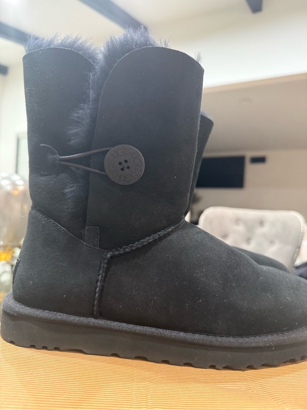 UGG Black Suede Button Short Shearling Boot